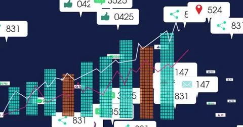 Showing teal, brown tiled bar chart on navy backdrop with white, magenta trend Stock Illustration