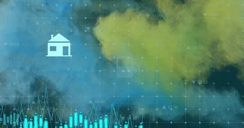 Showing teal candlestick bars, line plots on dashboard with house icon left, Stock Illustration