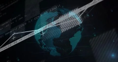 Showing teal globe in cyberspace with code overlays, diagonal white bars, Illustrazione stock