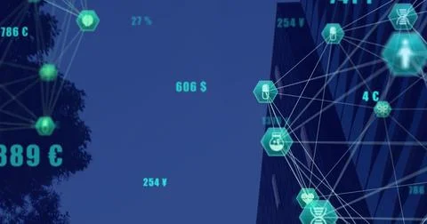Showing teal hexagonal network nodes overlaying facade and tree with icons, Stock Photos