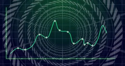 Showing teal line plot with dot markers tracing peaks and troughs on display, Illustrazione stock