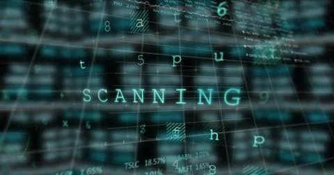 Showing teal SCANNING text hovering over digital grid interface, with code Stock Photos