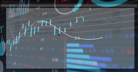 Showing terminal emulator overlaying SQL commands on market charts with Stock Footage 309107862