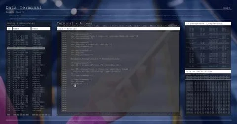 Showing terminal overlay with code user or pass at desk, Data Terminal label, 스톡 사진