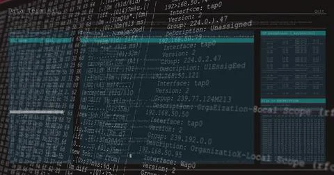 Showing terminal streaming logs on screen at dim desk with Data Terminal head Stock Illustration