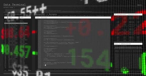 Showing terminal UI panels with credentials, code editor and encryption console Stock Illustration