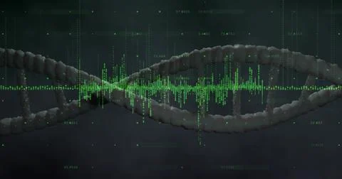Showing textured DNA double helix running across dark smoky backdrop, with br Stock Illustration