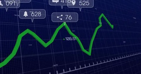 Showing thick green 3D line chart zigzagging on dark blue grid plane, marker  Stock Illustration