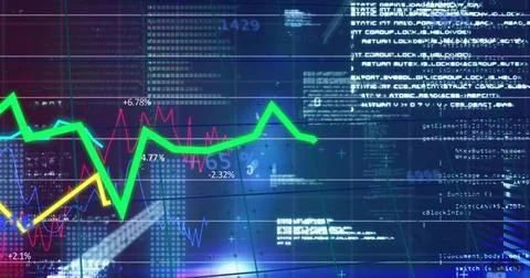 Showing thick green line graph across trading dash screen, with red yellow blue 스톡 일러스트