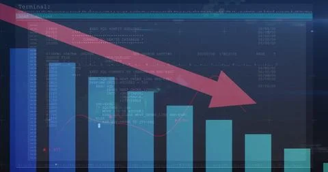 Showing thick red arrow pointing down across blue bars on dark interface, with Stock Illustration