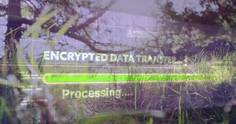 Showing thin UI over grass near wall, with ENCRYPTED DATA TRANSFER progress bar 写真素材