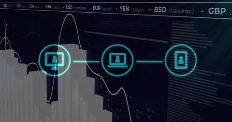 Showing three glowing teal device user icons connecting on virtual financial Stock Illustration