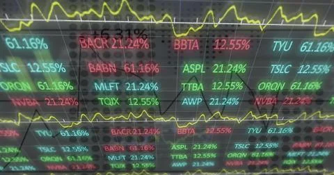 Showing ticker screen with dotted panel, LED tickers, percents and yellow lines 库存照片