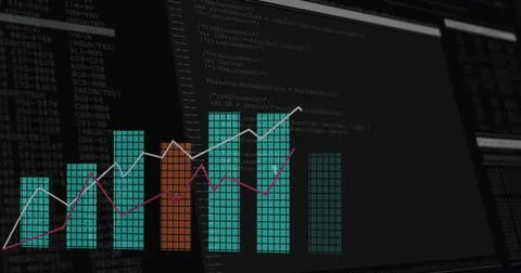 Showing tiled teal bar chart with orange bar and magenta-white lines on screen Foto stock
