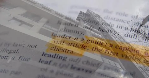 Showing tilted facade with panes and printed text rising diagonally on street Stock Illustration