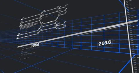 Showing timeline ribbon running across virtual blue grid, displaying labels 2009 Stock-Illustration