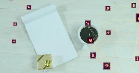 Showing top-bound notepad left on wood desk with gift-box, coffee-mug, Stock Photos