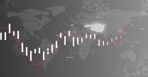 Showing trading chart over dotted world map with white bars, red trend line, Ilustração Stock