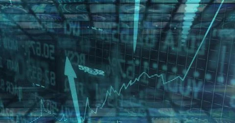 Showing trading dashboard scrolling data, jagged graph, up arrow, ticker symbols Illustrazione stock