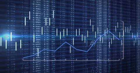 Showing trading interface tracing market movements with candlesticks, line graph Stock Photos