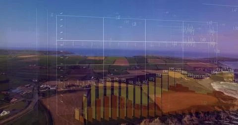 Showing translucent 3D data overlay centered over coastal fields and cliffs, Stock Photos