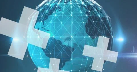 Showing translucent 3D globe spinning in virtual render, with network mesh, Stock Photos
