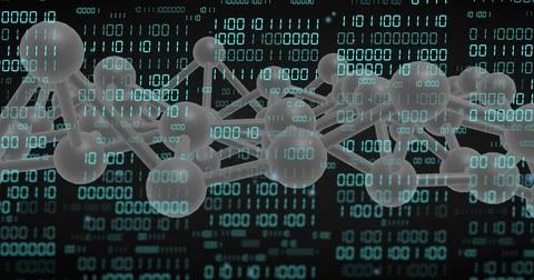 Showing translucent 3D molecular net centered, featuring spherical nodes, rods, Stock Illustration