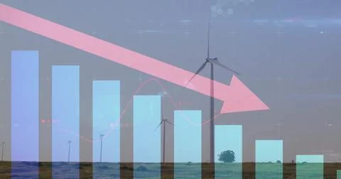 Showing translucent bar chart and pink down arrow over rural wind farm plain Stock Photos