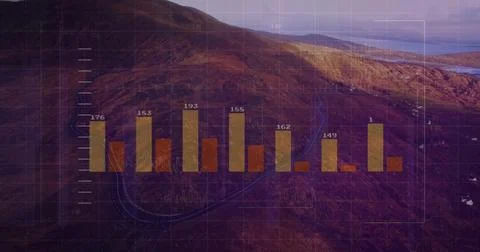 Showing translucent bar chart hovering over reddish hillside from above, with Stock Photos