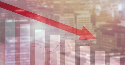 Showing translucent bar chart over city skyline with red arrow, magenta line Ilustración de archivo