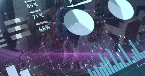 Showing translucent blue pie chart floating above table in glass conference room Illustrazione stock