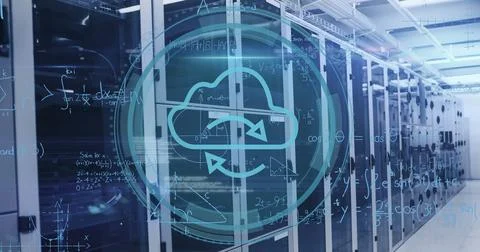 Showing translucent cloud computing icon floating above data center corridor, Foto stock