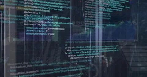 Showing translucent code on glass screen in tech office with monitors, stairs, Stock-Fotos