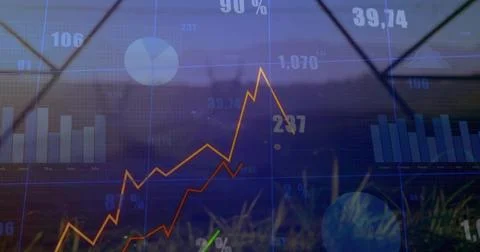 Showing translucent data overlay with orange and red lines rising over Stock Photos