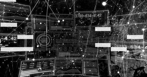 Showing translucent data panels floating on map, with gauge, nodes, dashed lines Stock Photos