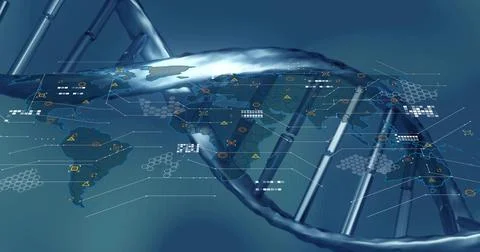 Showing translucent DNA helix slanting on data dashboard featuring world map and Illustrazione stock