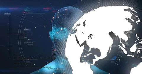 Showing translucent dotted head silhouette merging with large white globe on Stock-Illustration