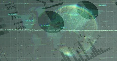 Showing translucent globe overlapping grid dashboard, with numeric labels and Stock Illustration