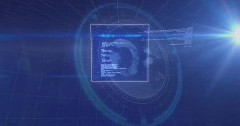 Showing translucent HUD panel with code in 3D UI, showing radar rings, globe, 스톡 일러스트