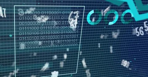 Showing translucent panel with binary on blue grid, teal circle, trendline, Stock Photos