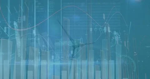 Showing translucent skyline rising in data grid, with financial charts and wind Stock Illustration