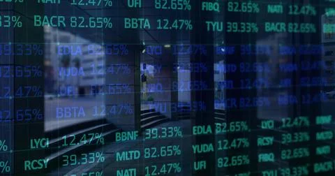 Showing translucent stock ticker overlay across glass entrance, with teal Stock Illustration