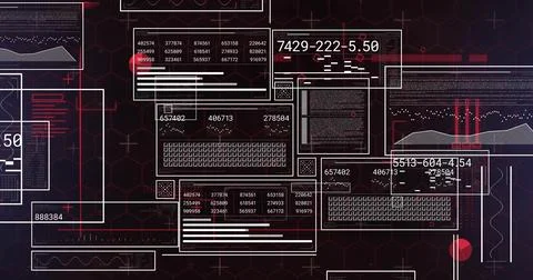 Showing translucent UI panels displaying number tables, bars, waveforms and red Stock Illustration