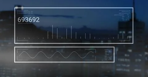 Showing translucent UI panels with turnover metrics, bar chart and waveform a Stock Photos
