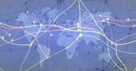 Showing translucent world map outline on GUI grid, highlighting glowing nodes Illustrazione stock