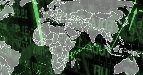 Showing translucent world map over dark market dashboard, displaying green line Ilustração Stock