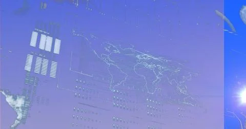 Showing translucent world map on virtual interface, with circular nodes, grid Stock Photos