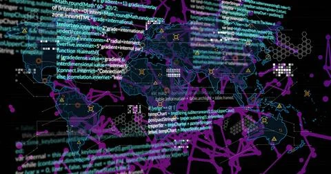 Showing translucent world network map in dashboard with floating code, node Illustrazione stock