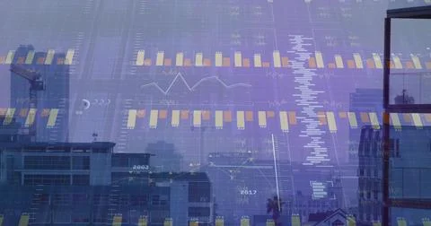 Showing transparent data overlay over urban skyline from rooftop, with mid-rise Stock Photos