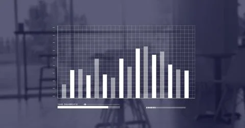 Showing transparent digital bar chart overlay at center of blurred office, Stock Photos